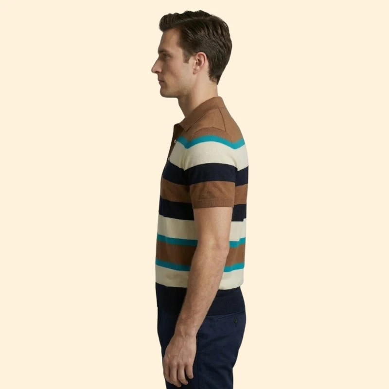 Men’s Short Sleeve Polo Shirt with V-Neck and Stripes - Image 3