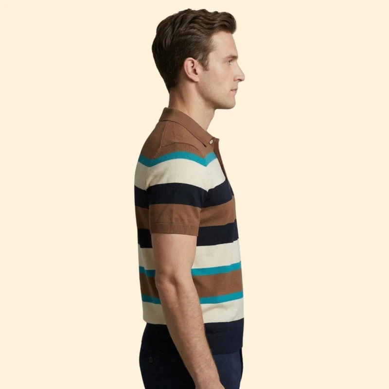Men’s Short Sleeve Polo Shirt with V-Neck and Stripes - Image 4