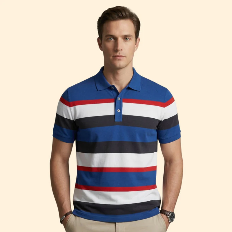 Men’s Short Sleeve Polo Shirt with V-Neck and Stripes - Image 7