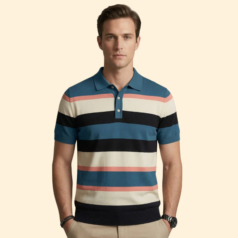 Men’s Short Sleeve Polo Shirt with V-Neck and Stripes - Image 8