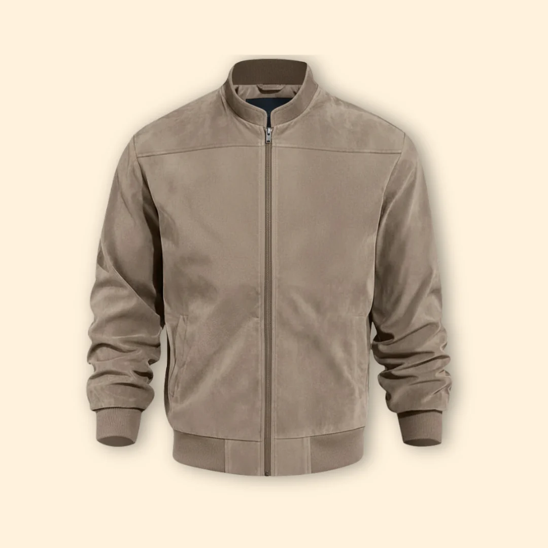 Men’s Suede Bomber Jacket with Ribbed Cuffs