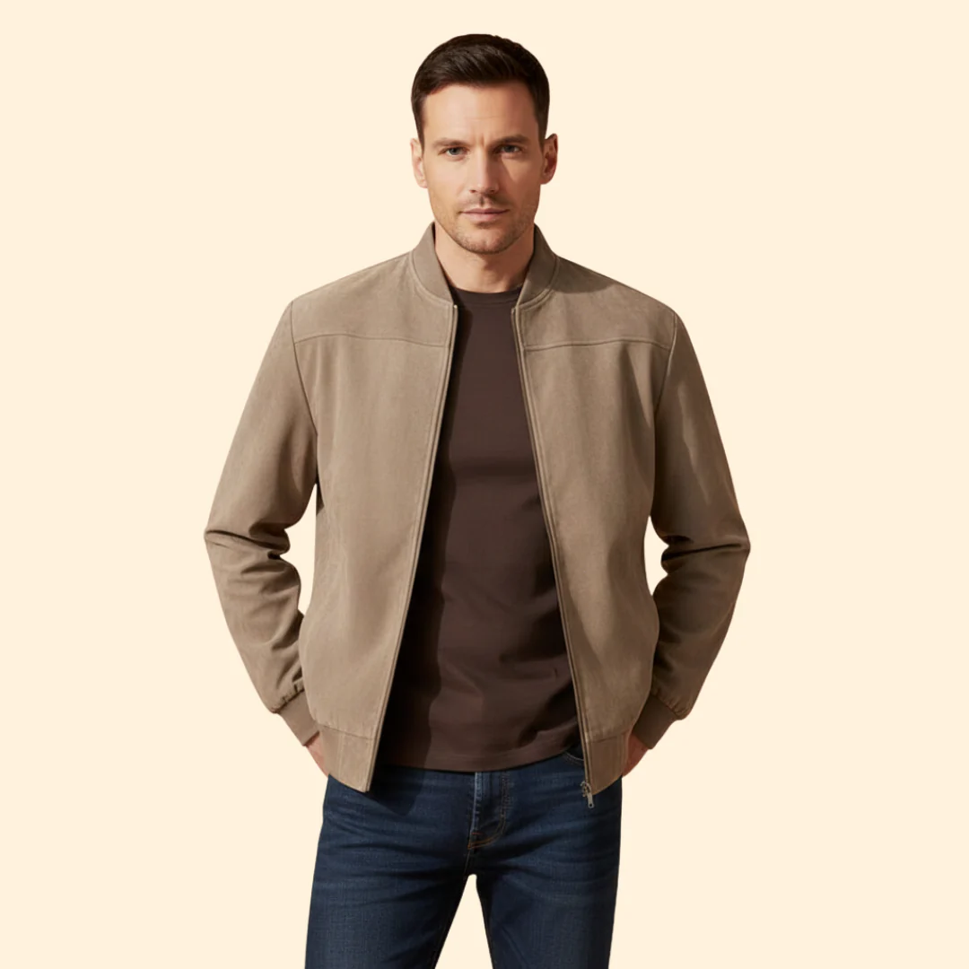 Men’s Suede Bomber Jacket with Ribbed Cuffs - Image 2