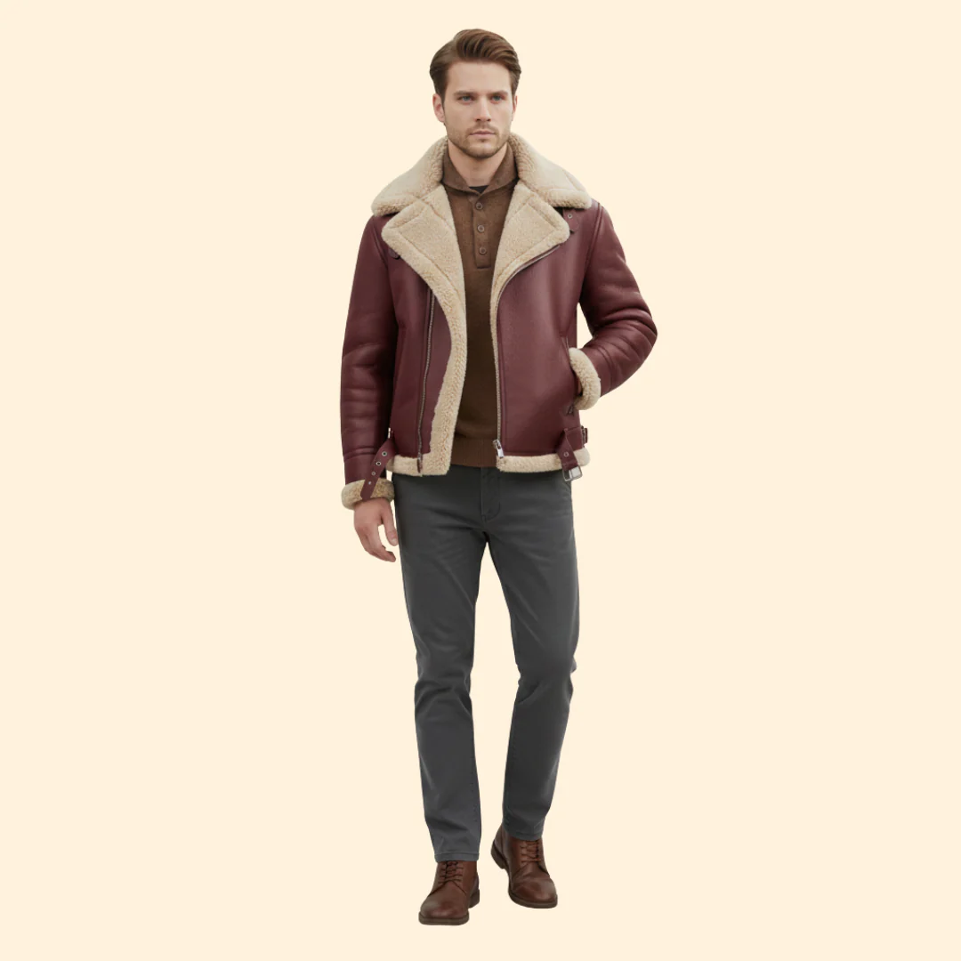 Men’s Zip Front Jacket with Shearling Collar - Image 2