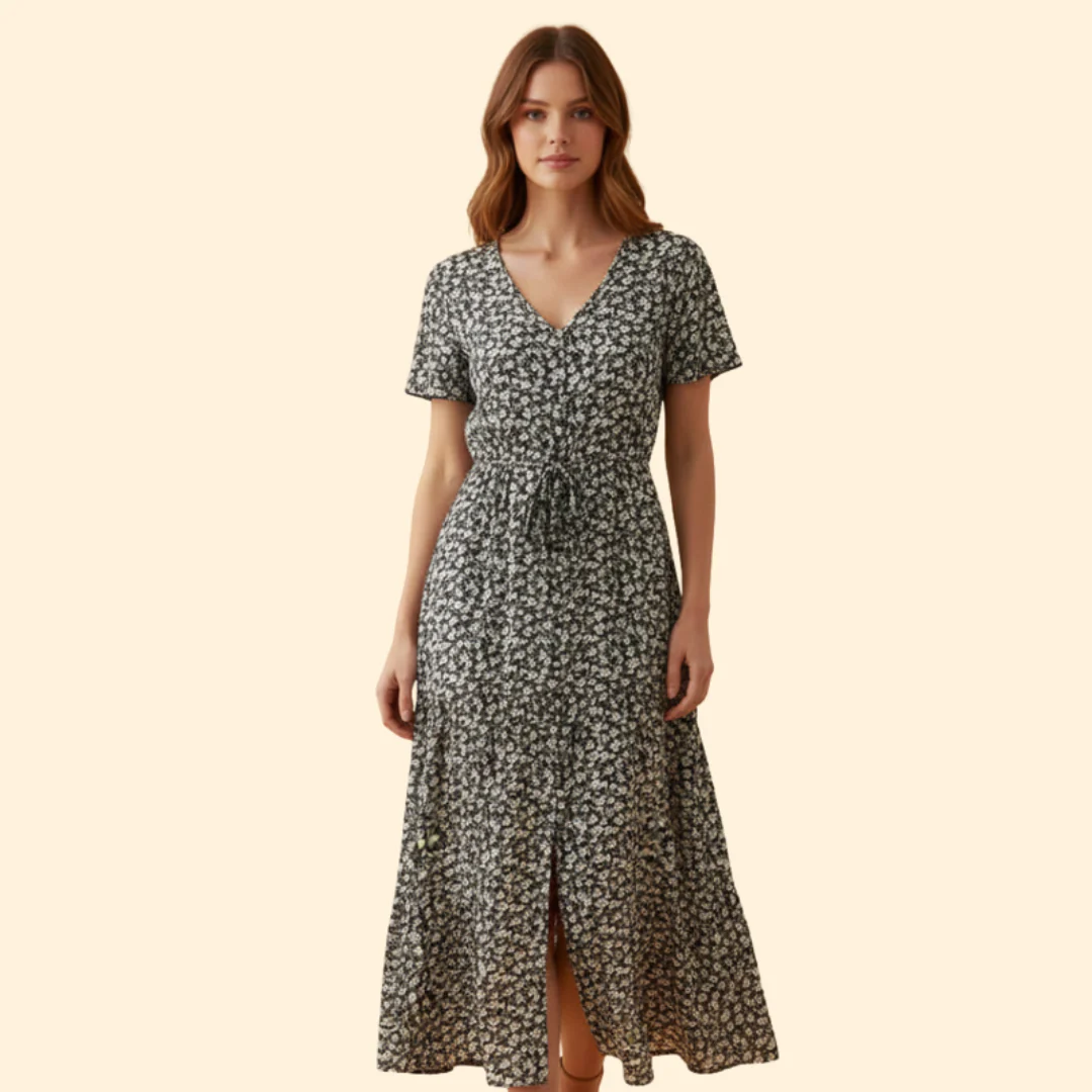 Summer Maxi Dress with V-Neck and Drawstring - Image 2