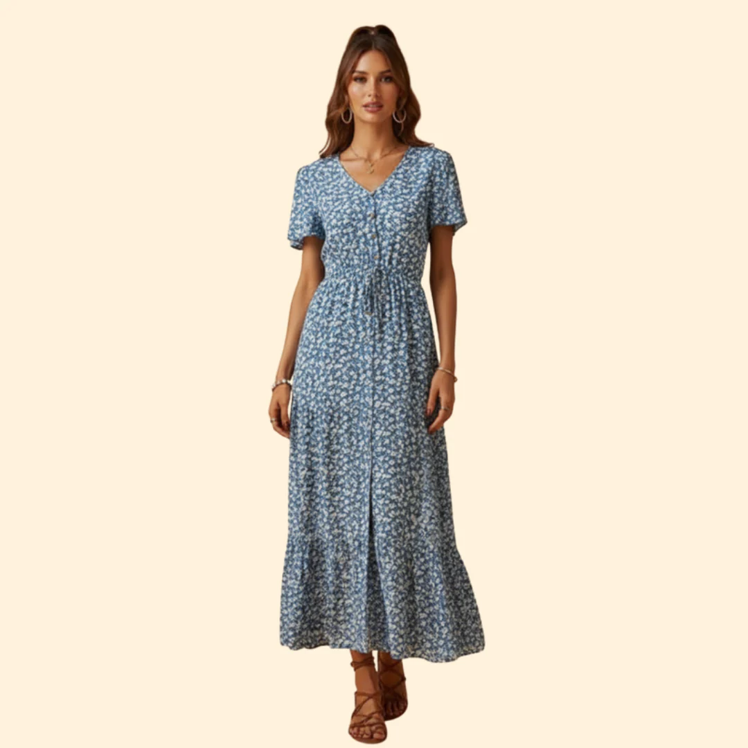 Summer Maxi Dress with V-Neck and Drawstring - Image 9