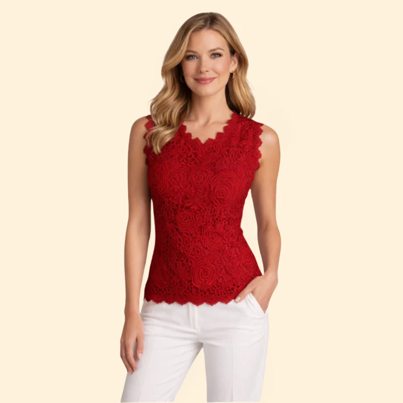 Women’s Sleeveless Blouse with Rose Pattern Lace - Image 7
