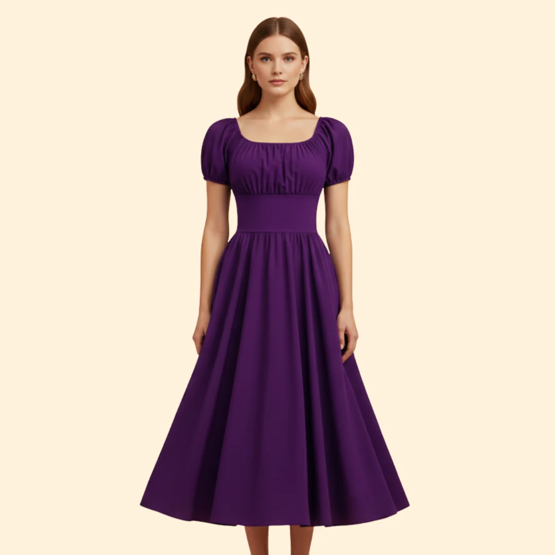 Women's A-Line Dress with Puff Sleeves - Image 9