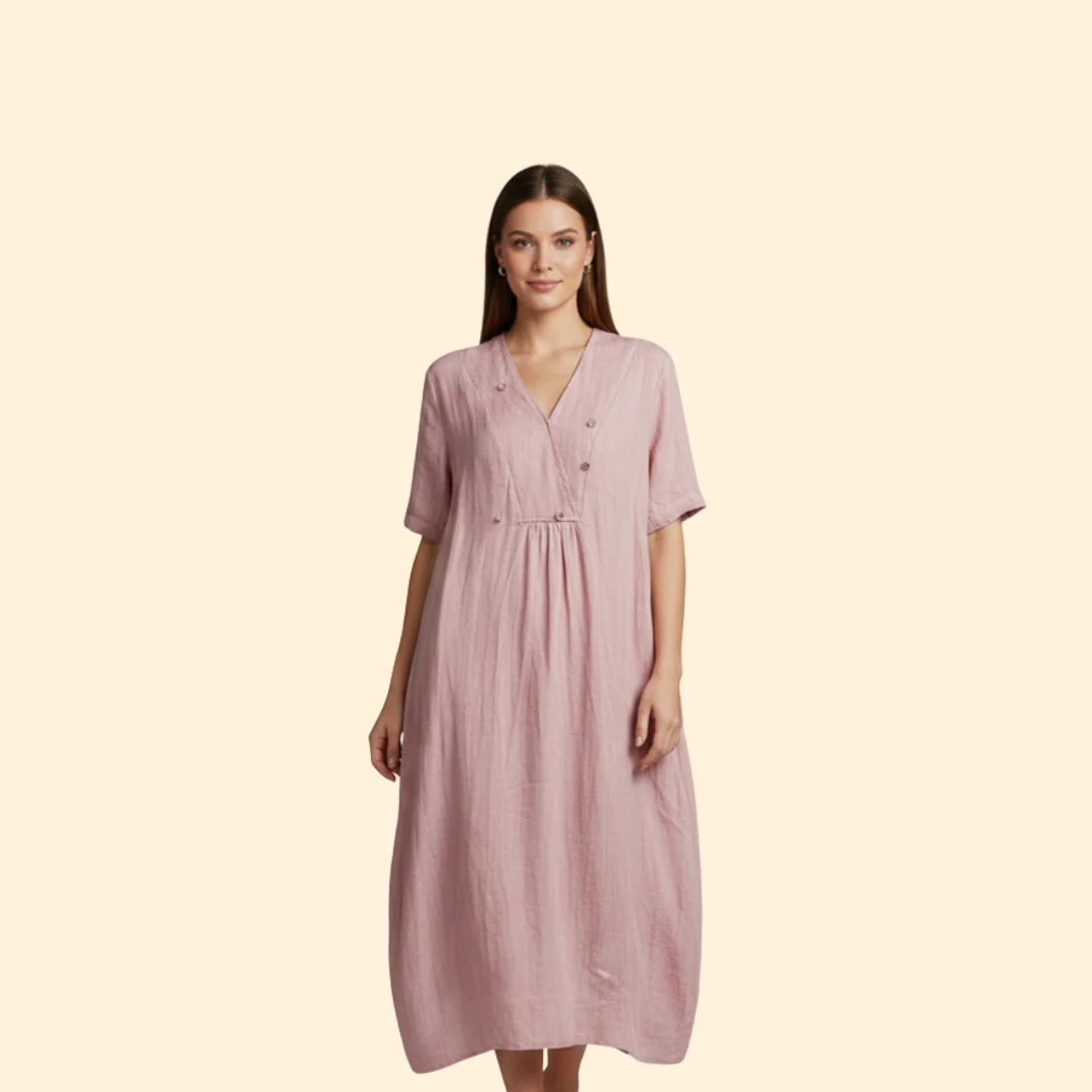 Women’s A-Line Dress with V-Neck and Buttons - Image 2