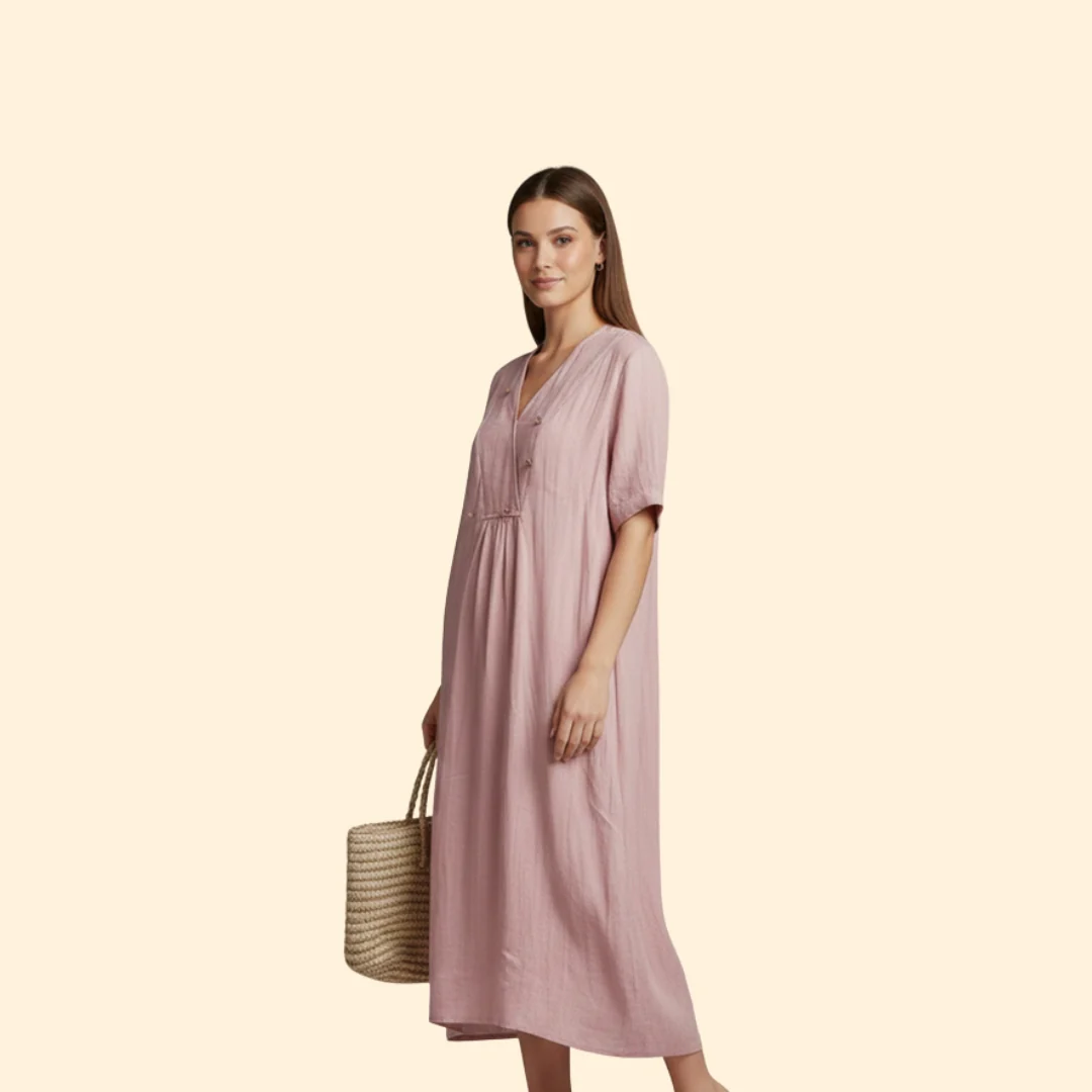 Women’s A-Line Dress with V-Neck and Buttons - Image 3
