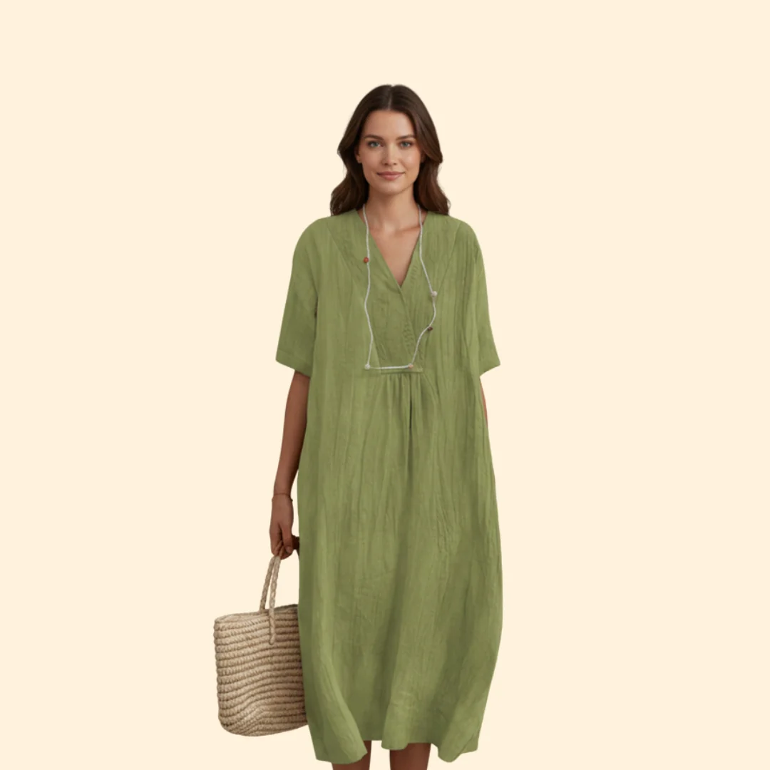 Women’s A-Line Dress with V-Neck and Buttons - Image 9