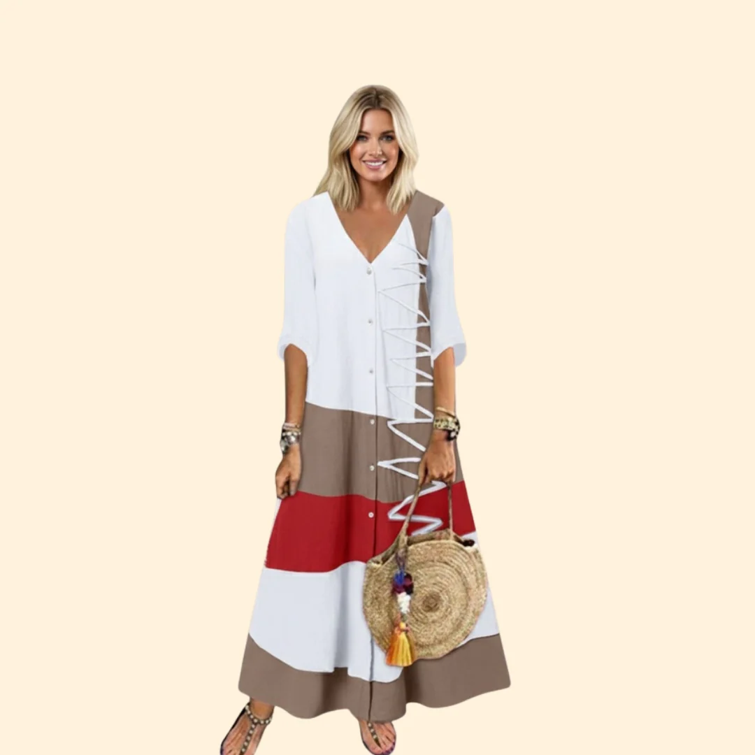 Women’s A-Line Dress with V-Neck and Lace-up Detail - Image 6
