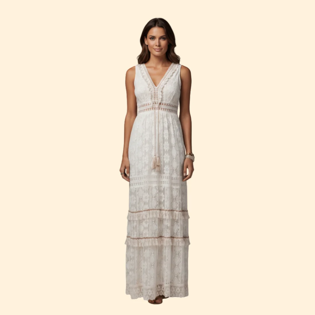 Women’s Boho Lace Maxi Dress with V-Neck - Image 2