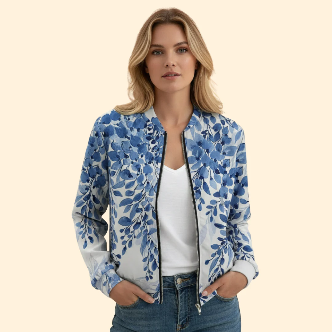 Women’s Bomber Jacket with Blue Floral Print - Image 2