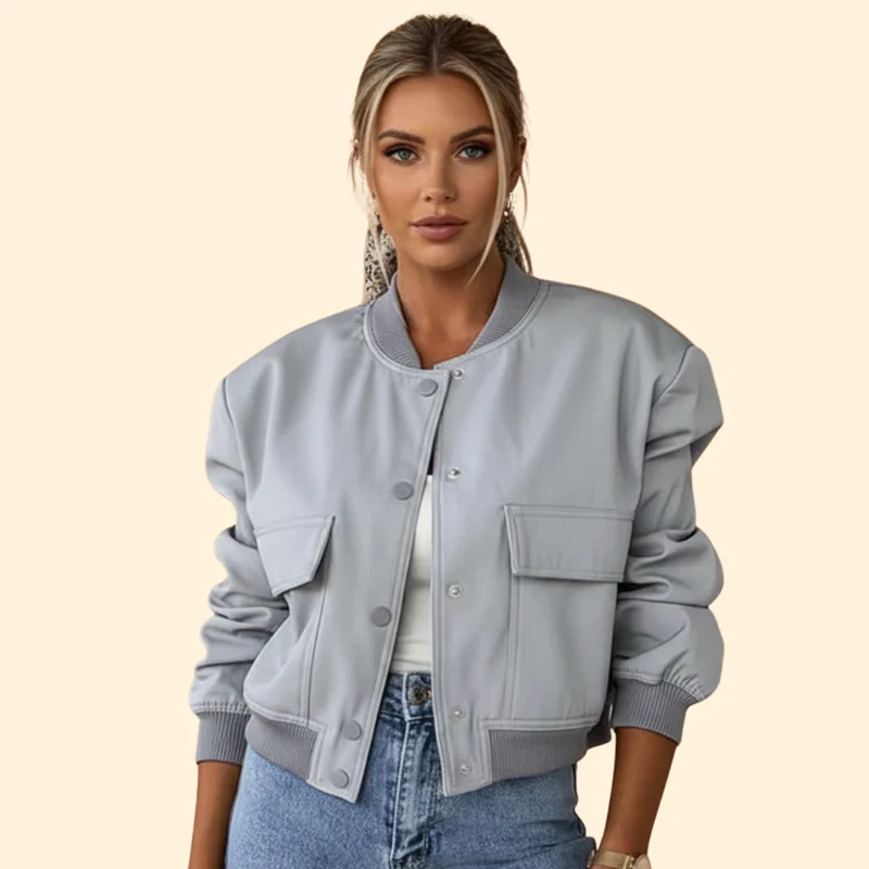 Women’s Bomber Jacket with Button Closure Design - Image 8