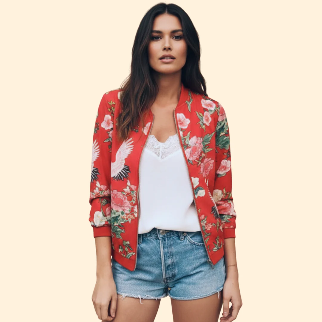 Women’s Bomber Jacket with Floral Print Design - Image 2