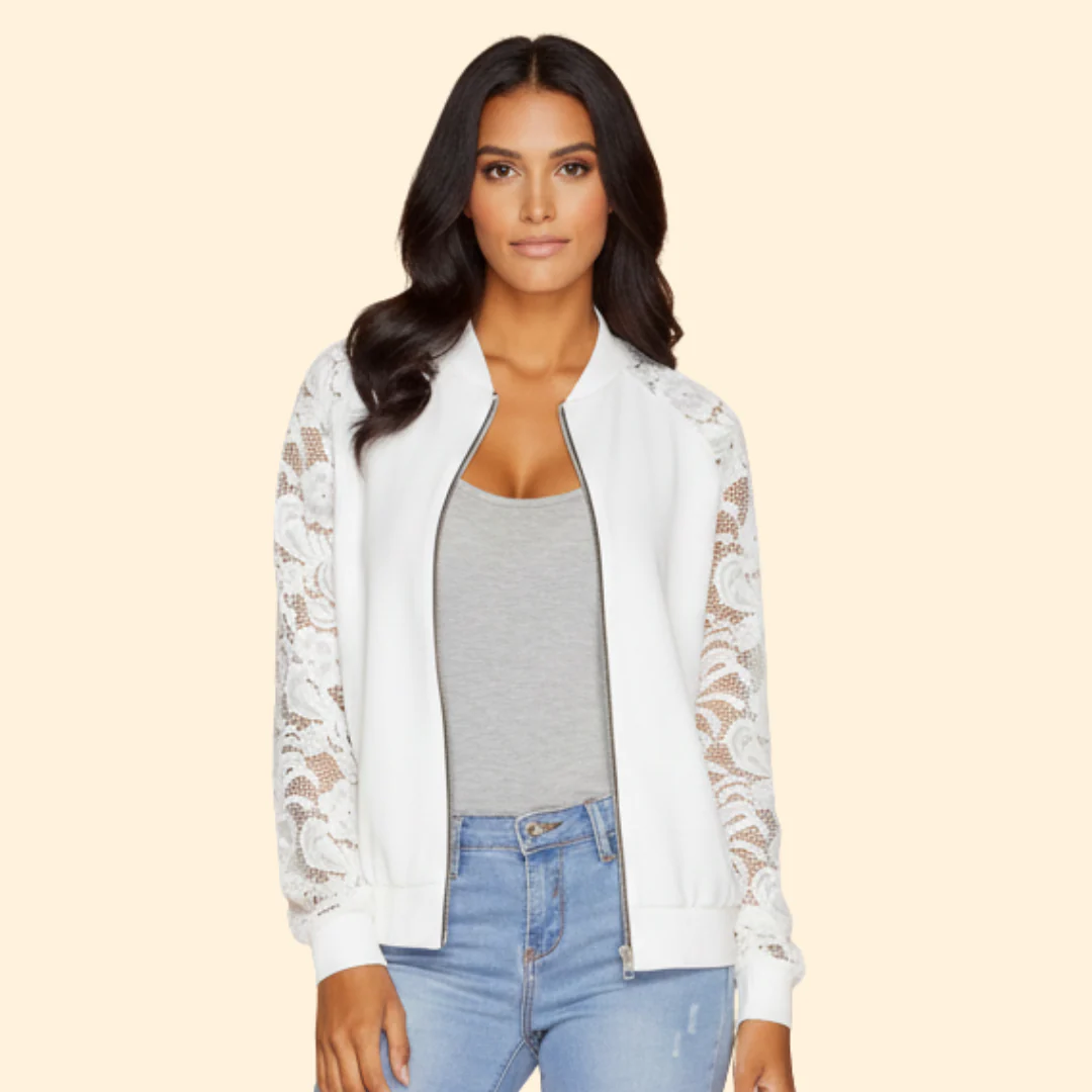 Women’s Bomber Jacket with Lace Sleeve Detail - Image 2