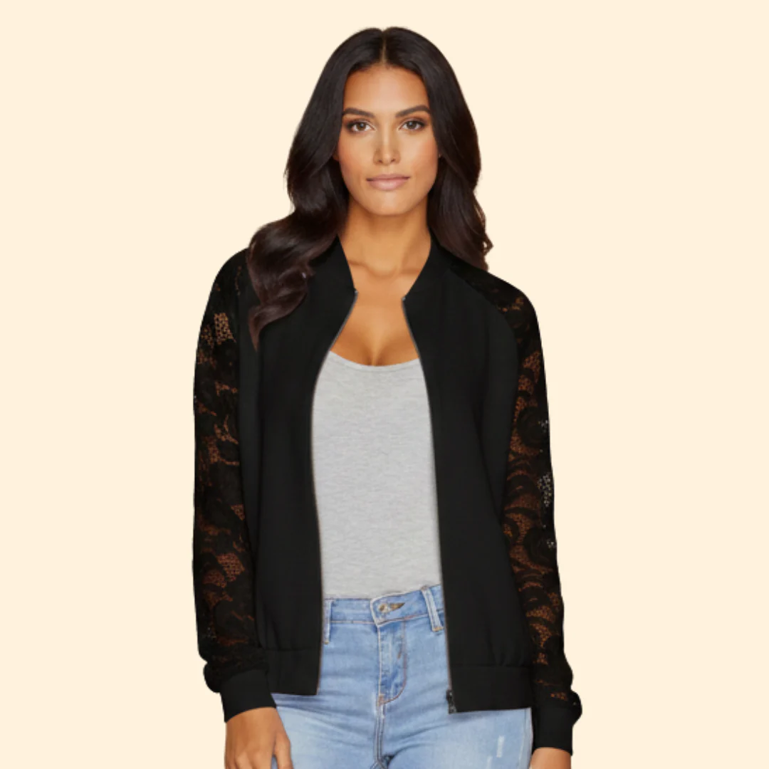 Women’s Bomber Jacket with Lace Sleeve Detail - Image 6