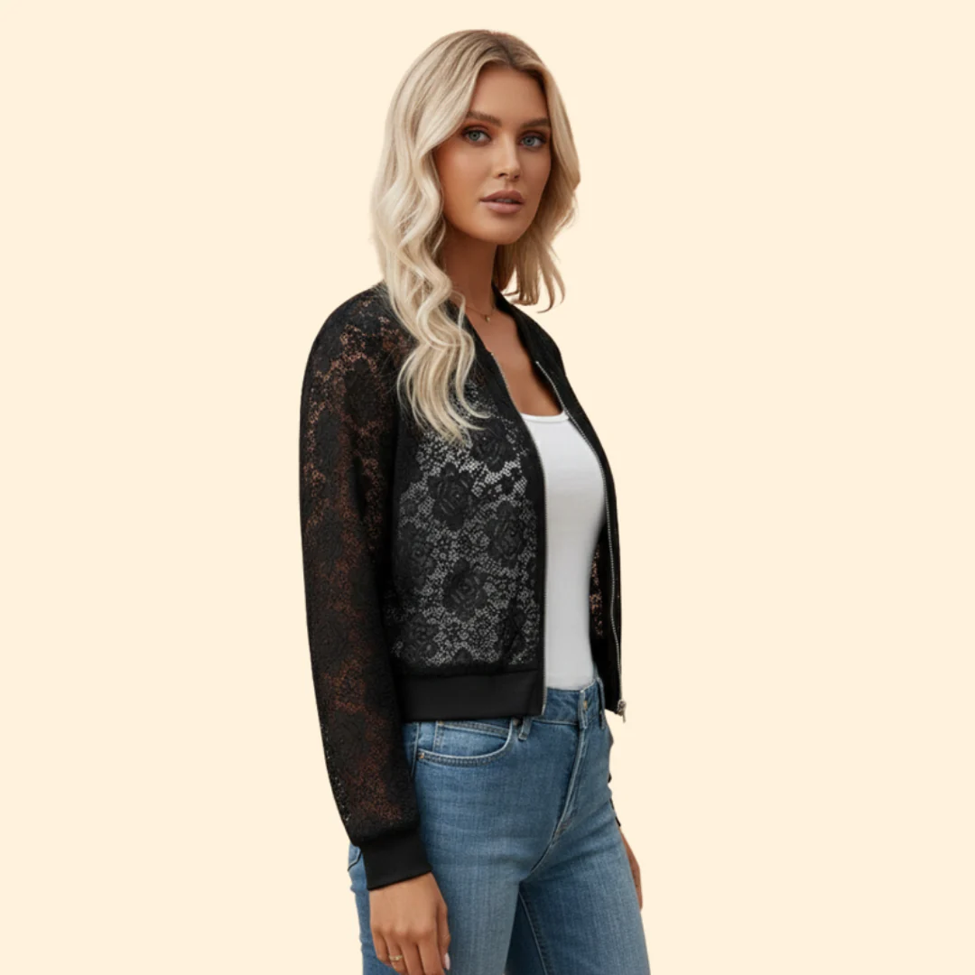 Women’s Bomber Jacket with Sheer Lace Design - Image 3