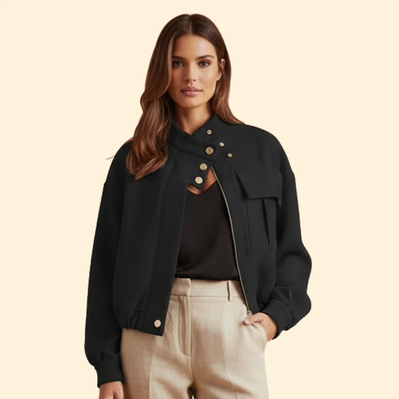 Women’s Bomber Jacket with Snap Button Details - Image 2