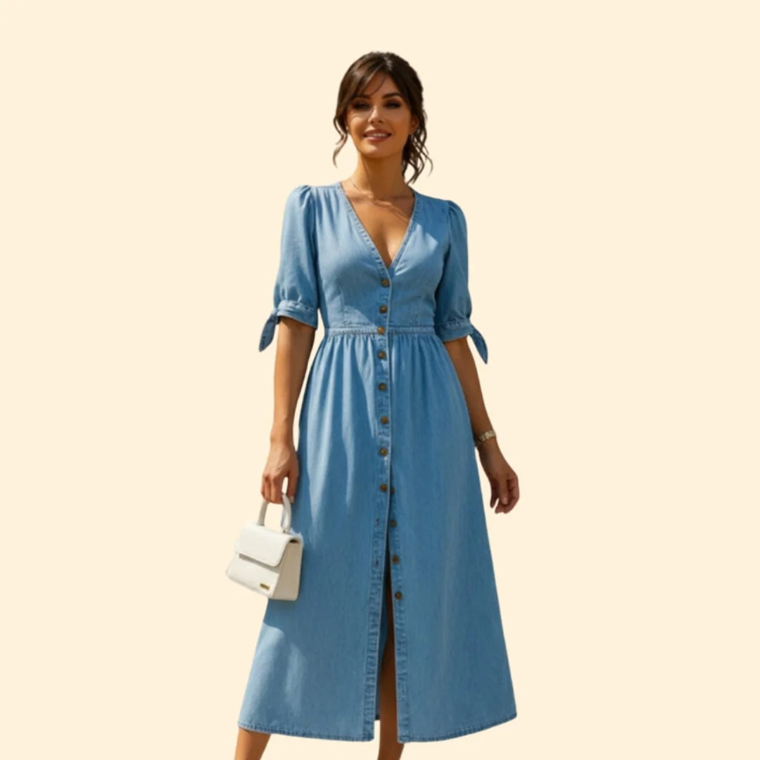 Women’s Button-Down Midi Dress with V-Neck - Image 2