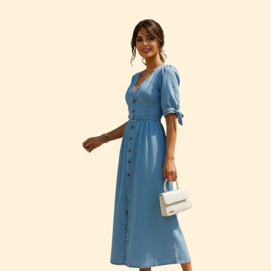 Women’s Button-Down Midi Dress with V-Neck - Image 3