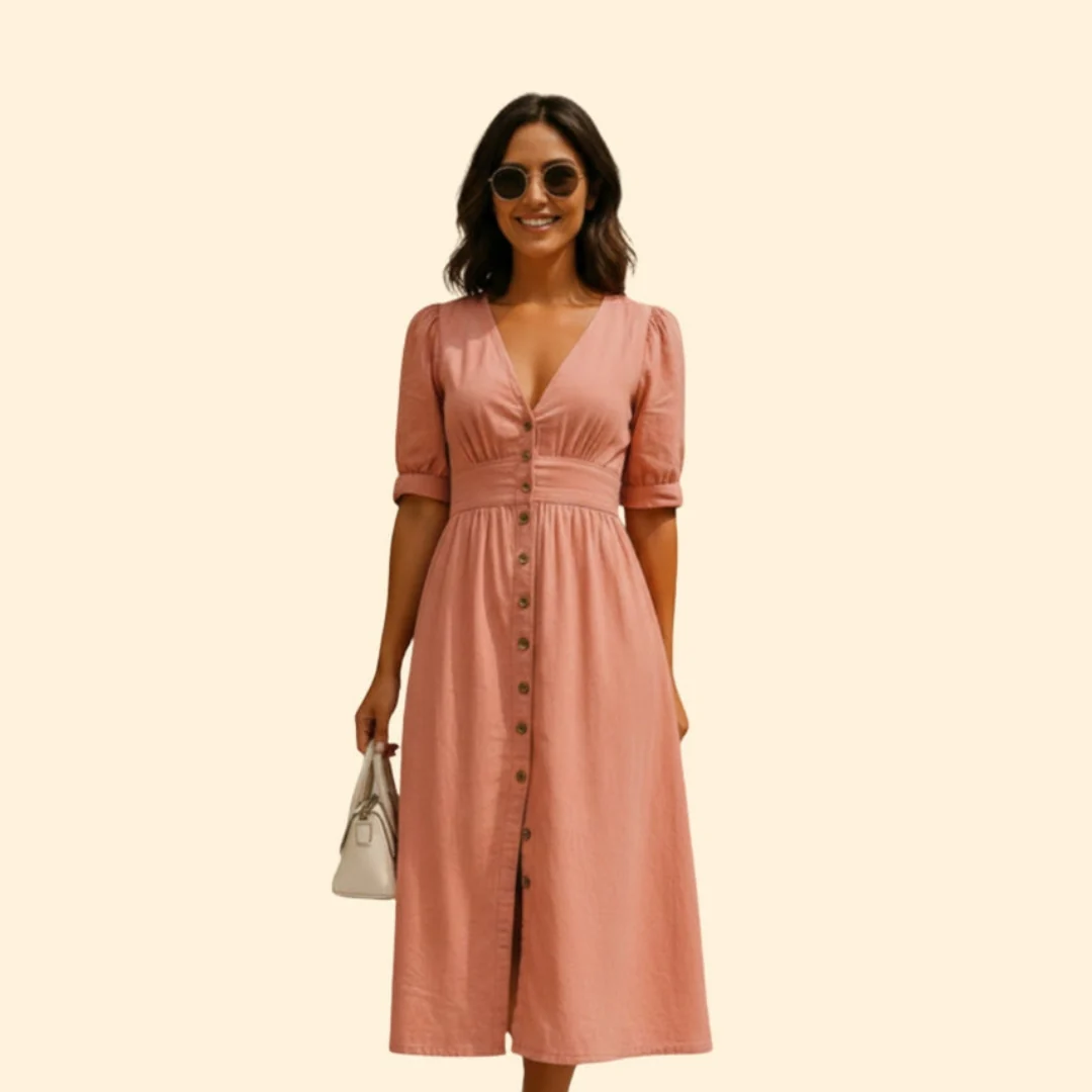 Women’s Button-Down Midi Dress with V-Neck - Image 5