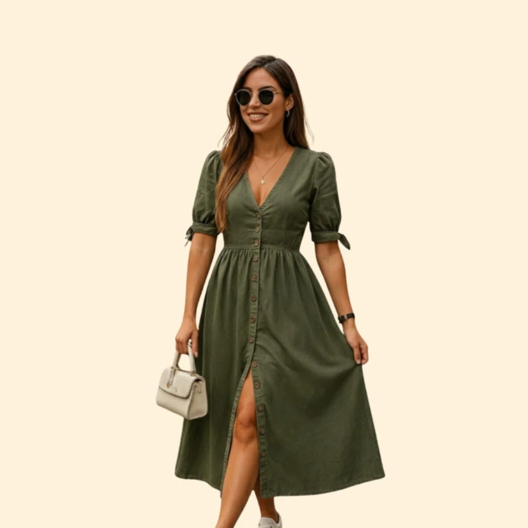 Women’s Button-Down Midi Dress with V-Neck - Image 7