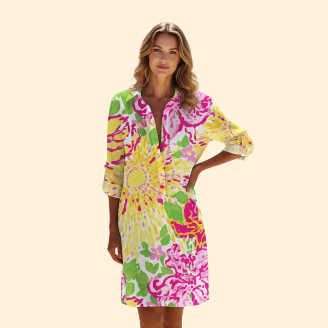 Women’s Button-Down Shirt Dress with Floral Print - Image 2