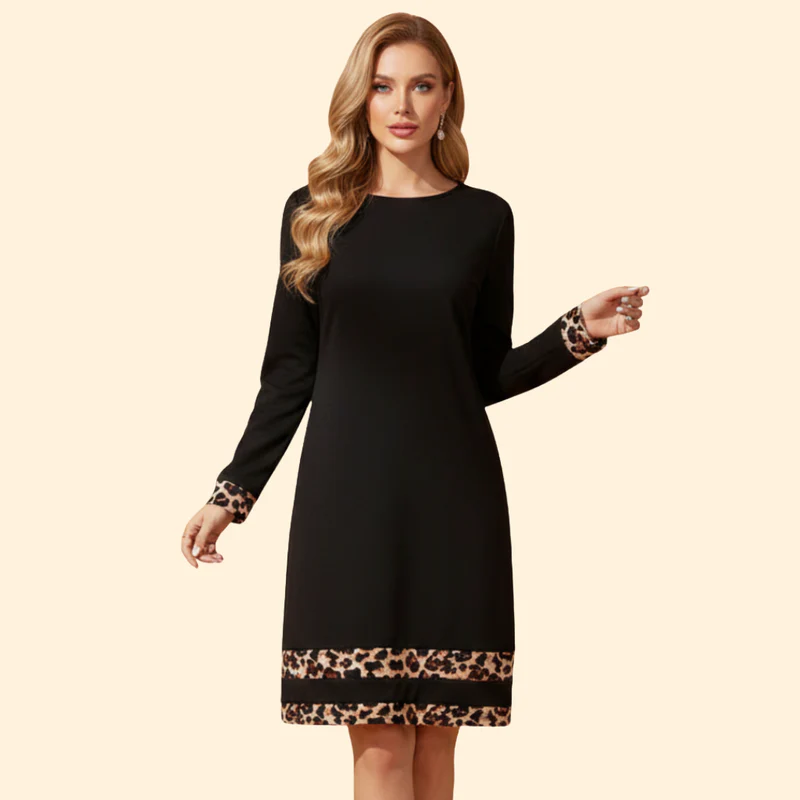 Women's Casual Dress with Leopard Print Cuffs - Image 6