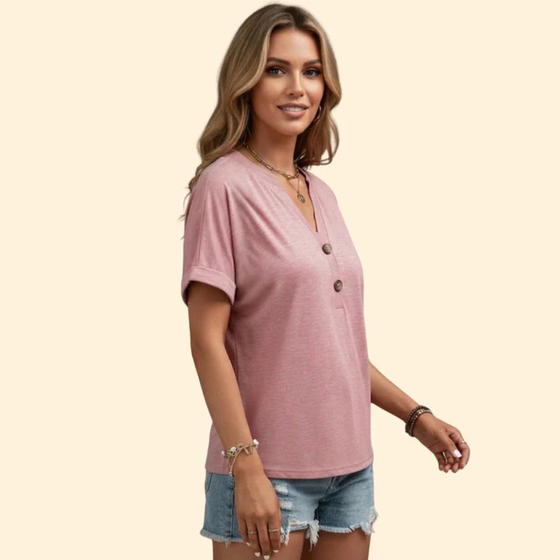 Women’s Casual T-Shirt with V-Neck and Buttons - Image 3