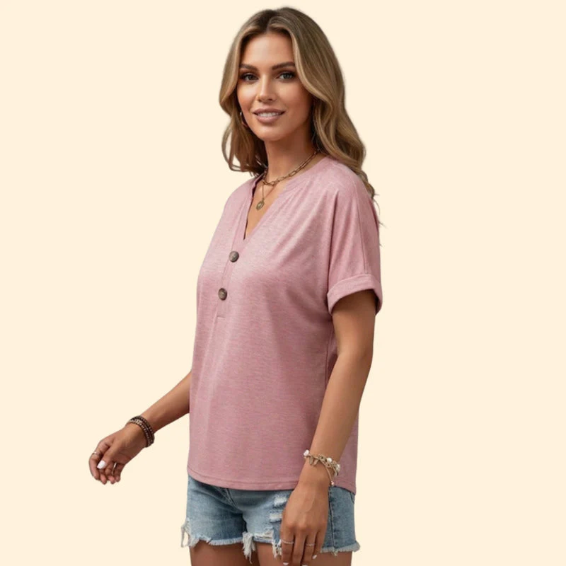 Women’s Casual T-Shirt with V-Neck and Buttons - Image 4