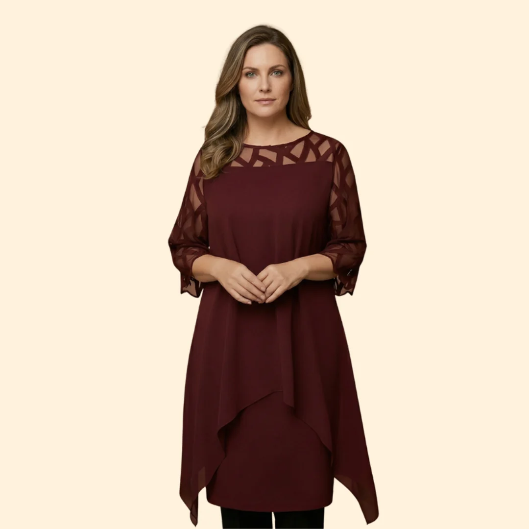Women’s Chiffon Dress with Sheer Three-Quarter Sleeves - Image 2