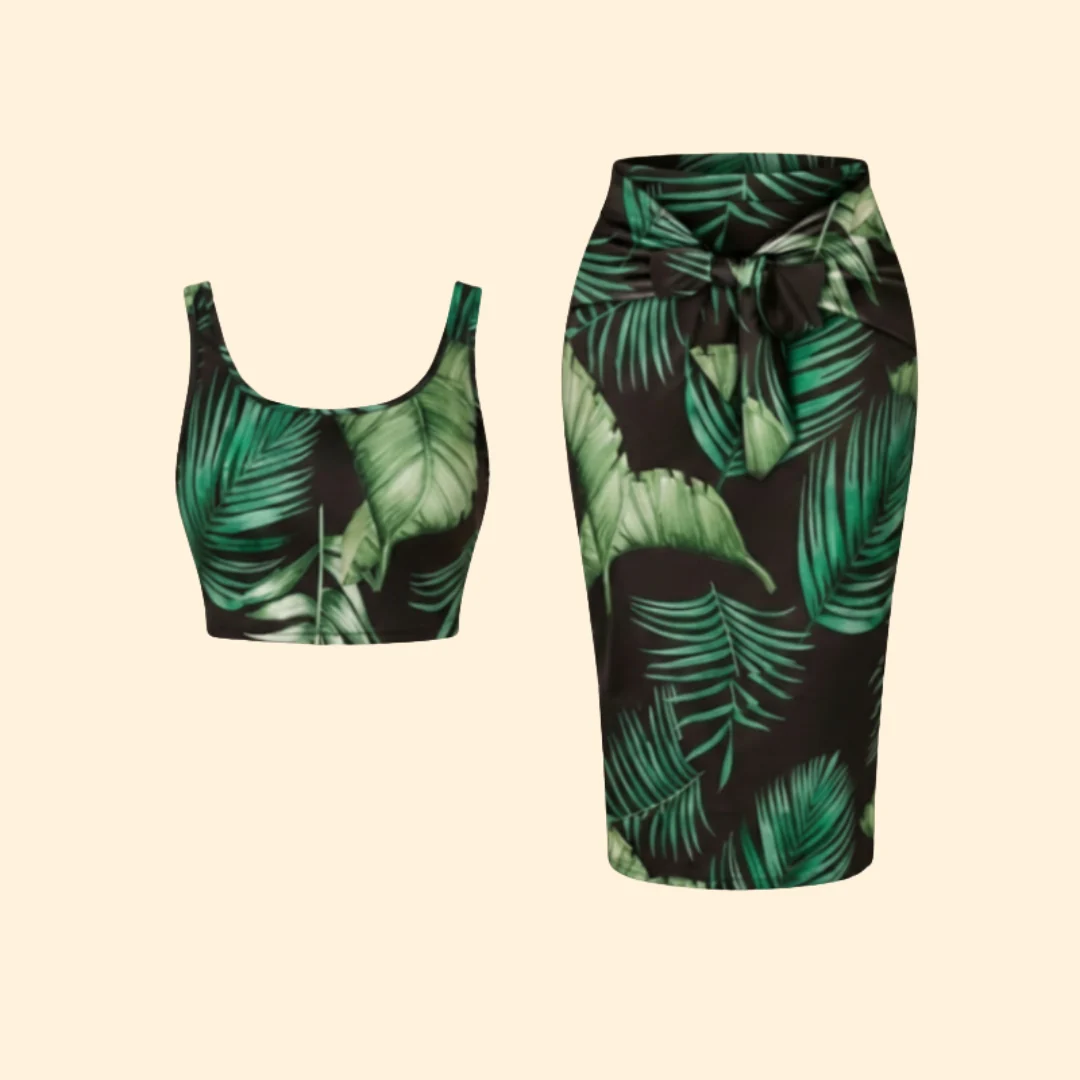 Women’s Crop Top and Midi Dress with Leaf Print