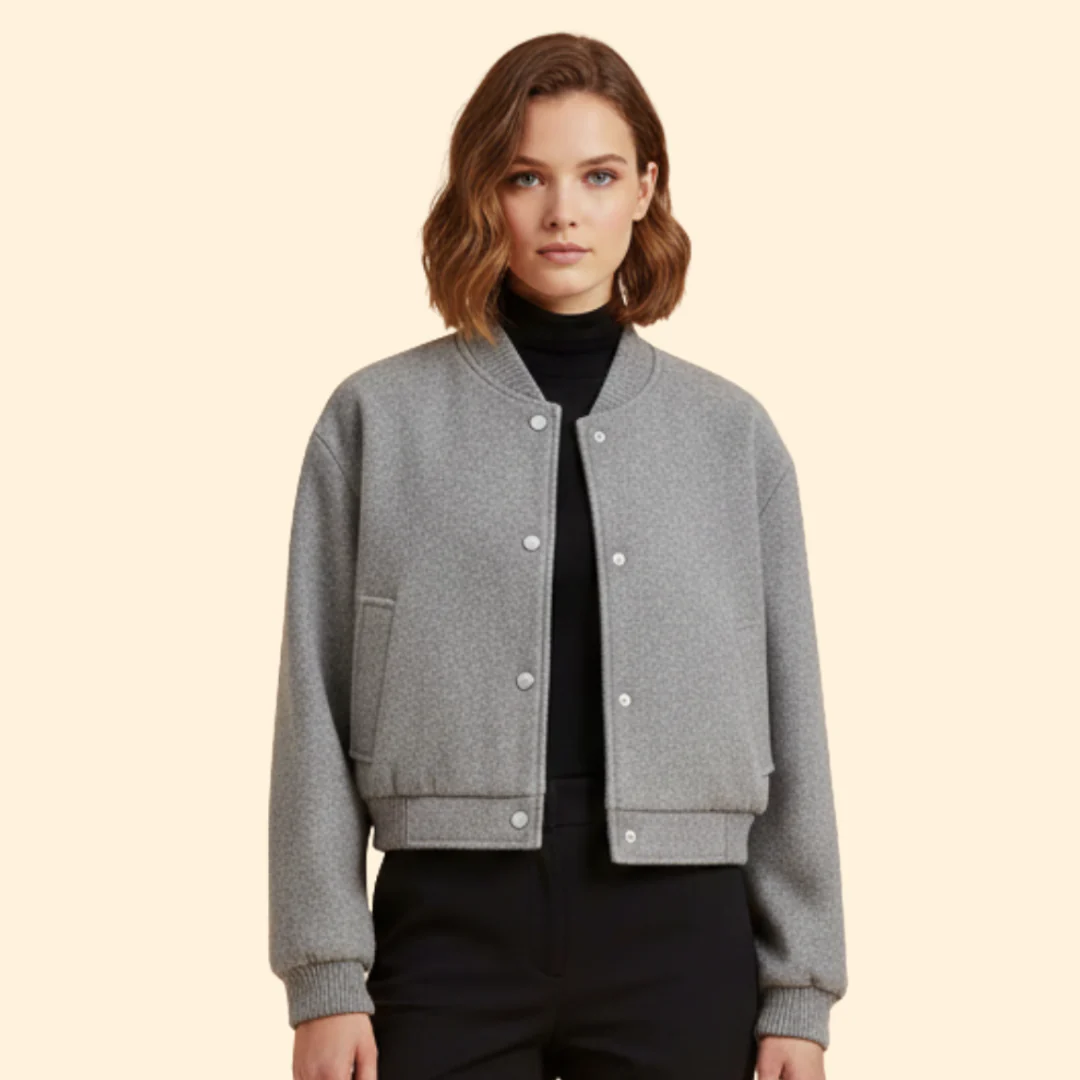 Women’s Cropped Bomber Jacket with Snap Button Closure - Image 2