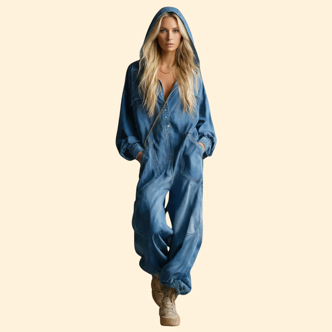 Women’s Denim Jumpsuit with Hood - Image 2