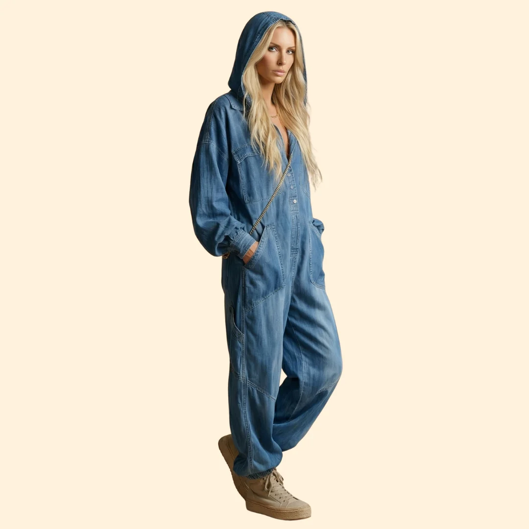 Women’s Denim Jumpsuit with Hood - Image 3