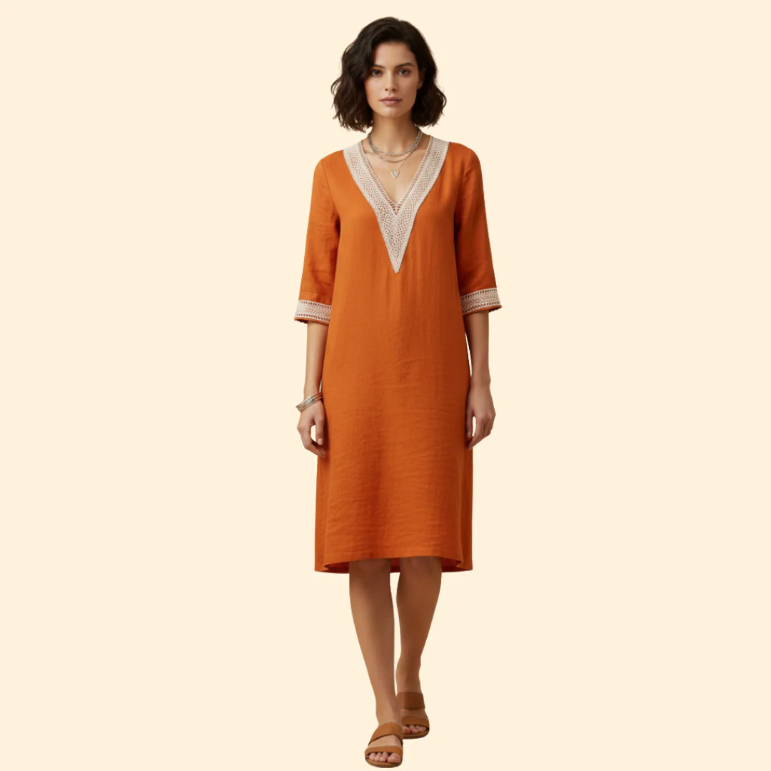 Women's Dress with V-Neck and Crochet Trim - Image 2