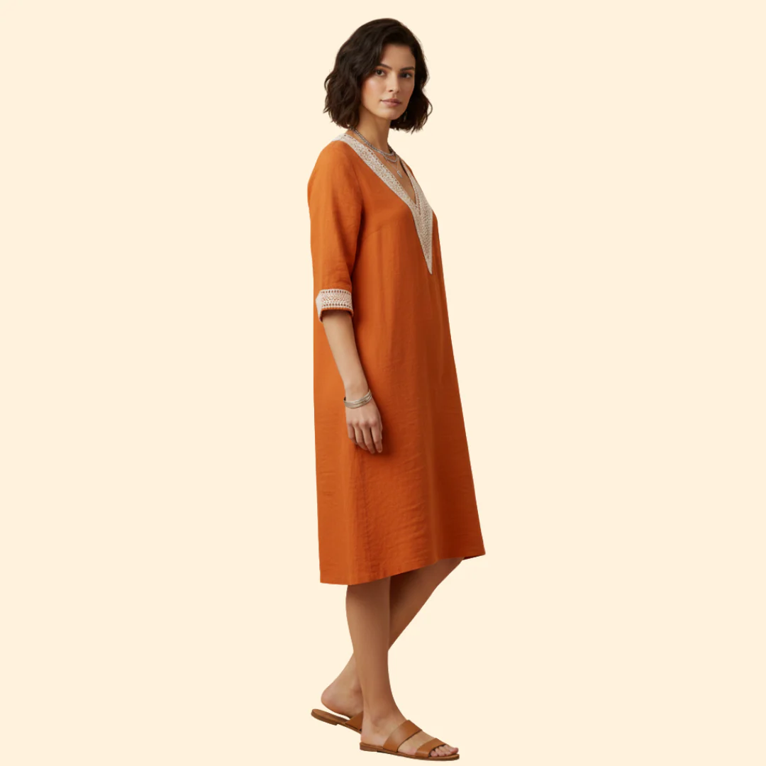 Women's Dress with V-Neck and Crochet Trim - Image 3