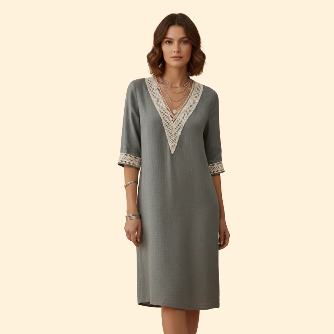 Women's Dress with V-Neck and Crochet Trim - Image 8