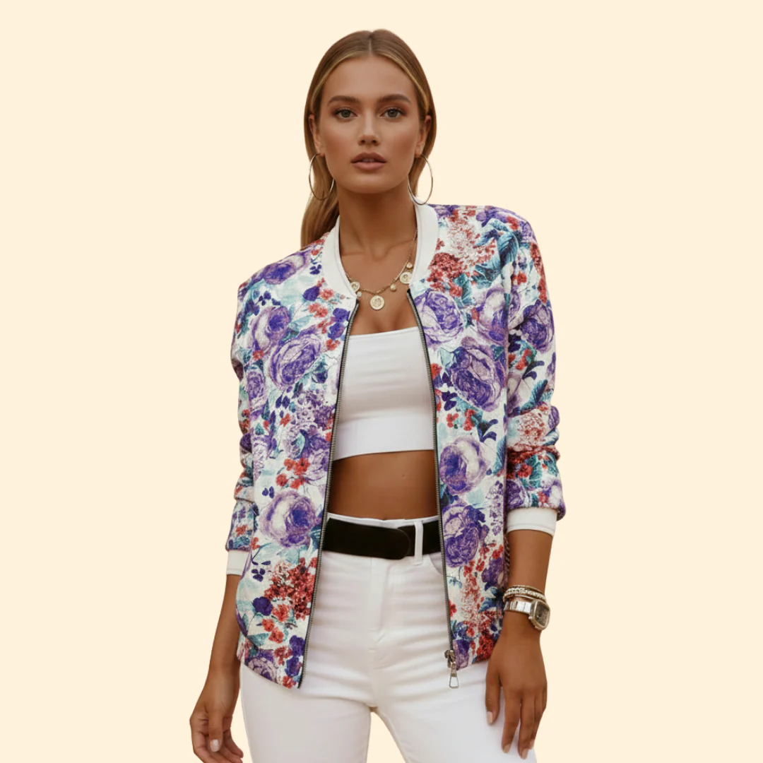 Women’s Fashion Bomber Jacket with Floral Print Design - Image 2