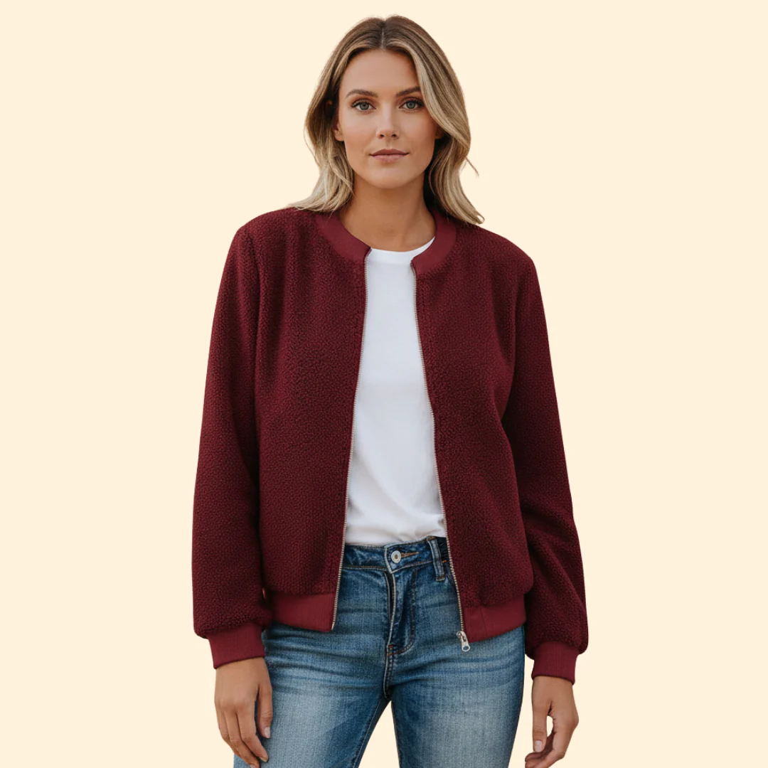 Women’s Fleece Bomber Jacket with Stand-Up Collar - Image 2