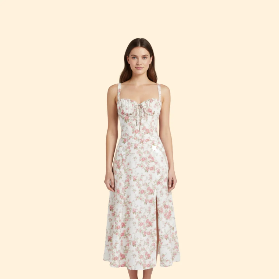 Women’s Floral Midi Dress with Sweetheart Neckline - Image 2