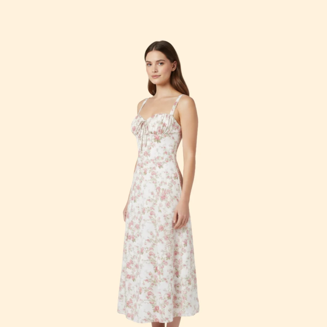 Women’s Floral Midi Dress with Sweetheart Neckline - Image 3