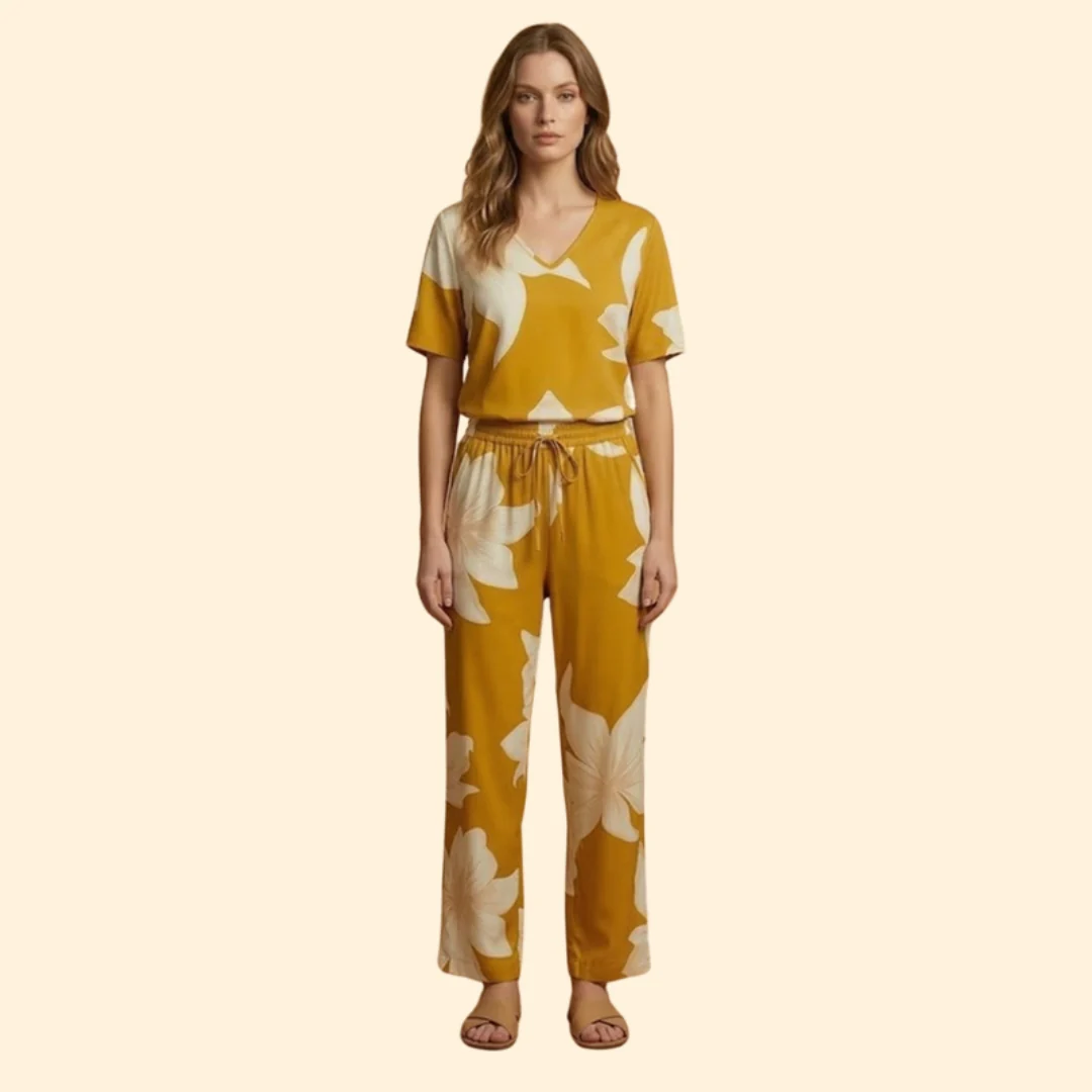 Women’s Floral V-Neck Top and Wide-Leg Trousers Set - Image 2