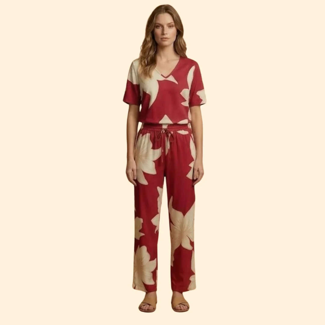 Women’s Floral V-Neck Top and Wide-Leg Trousers Set - Image 9