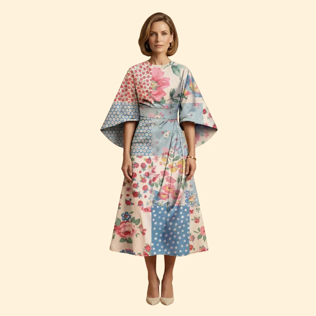 Women's Geometric Print Dress with Matching Belt - Image 9