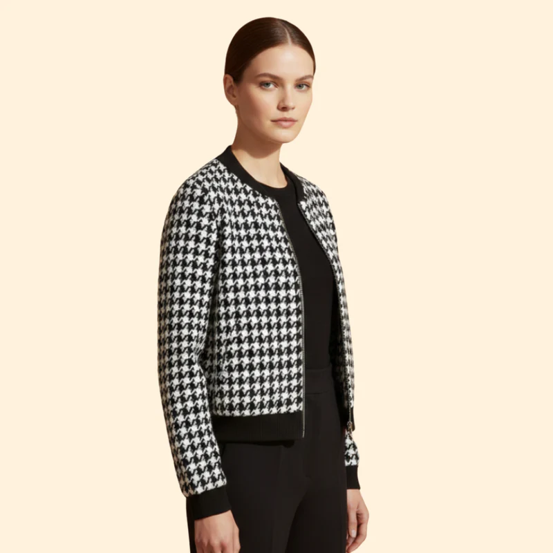 Women's Houndstooth Bomber Jacket - Image 3