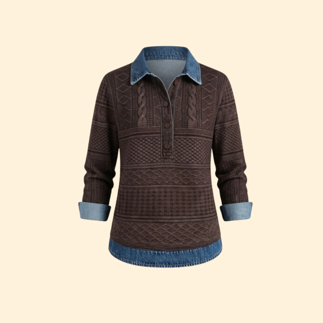 Women’s Knit Sweatshirt with Denim Print Collar
