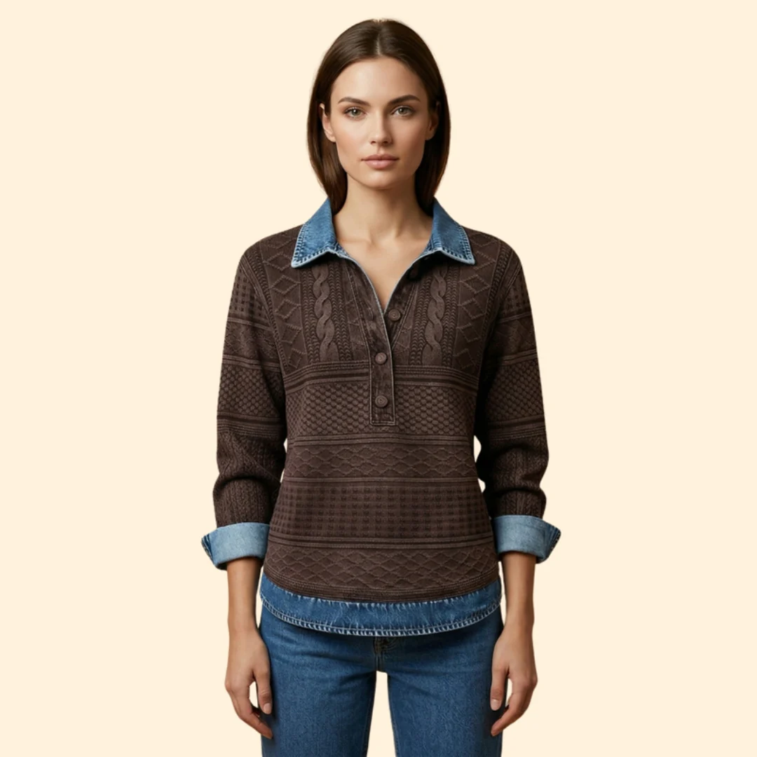 Women’s Knit Sweatshirt with Denim Print Collar - Image 2