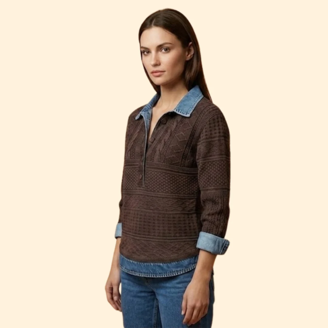 Women’s Knit Sweatshirt with Denim Print Collar - Image 3